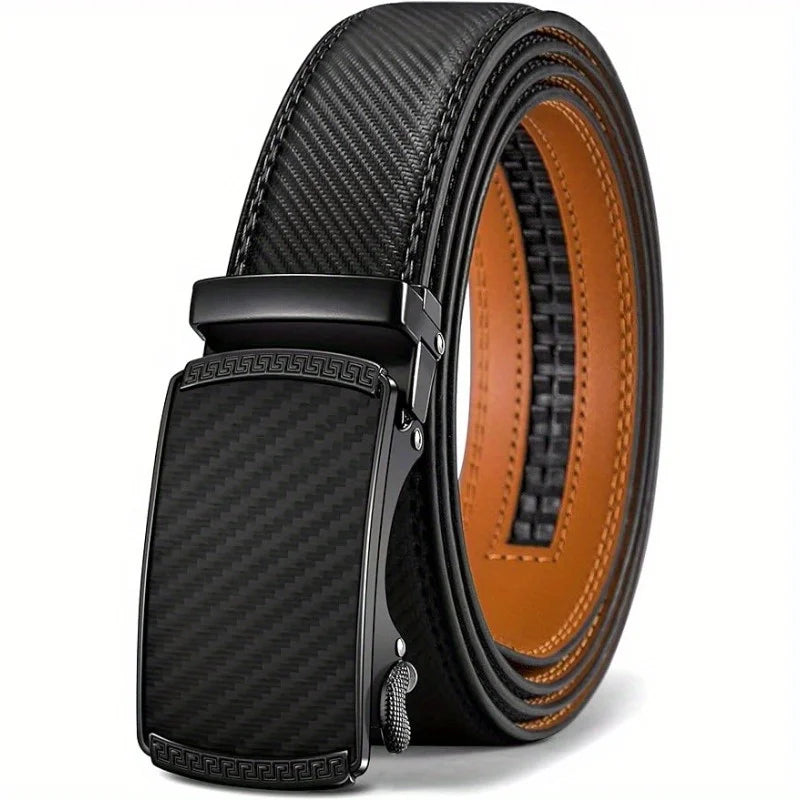Black woven leather ratchet dress belt with a black buckle and tan leather strap.