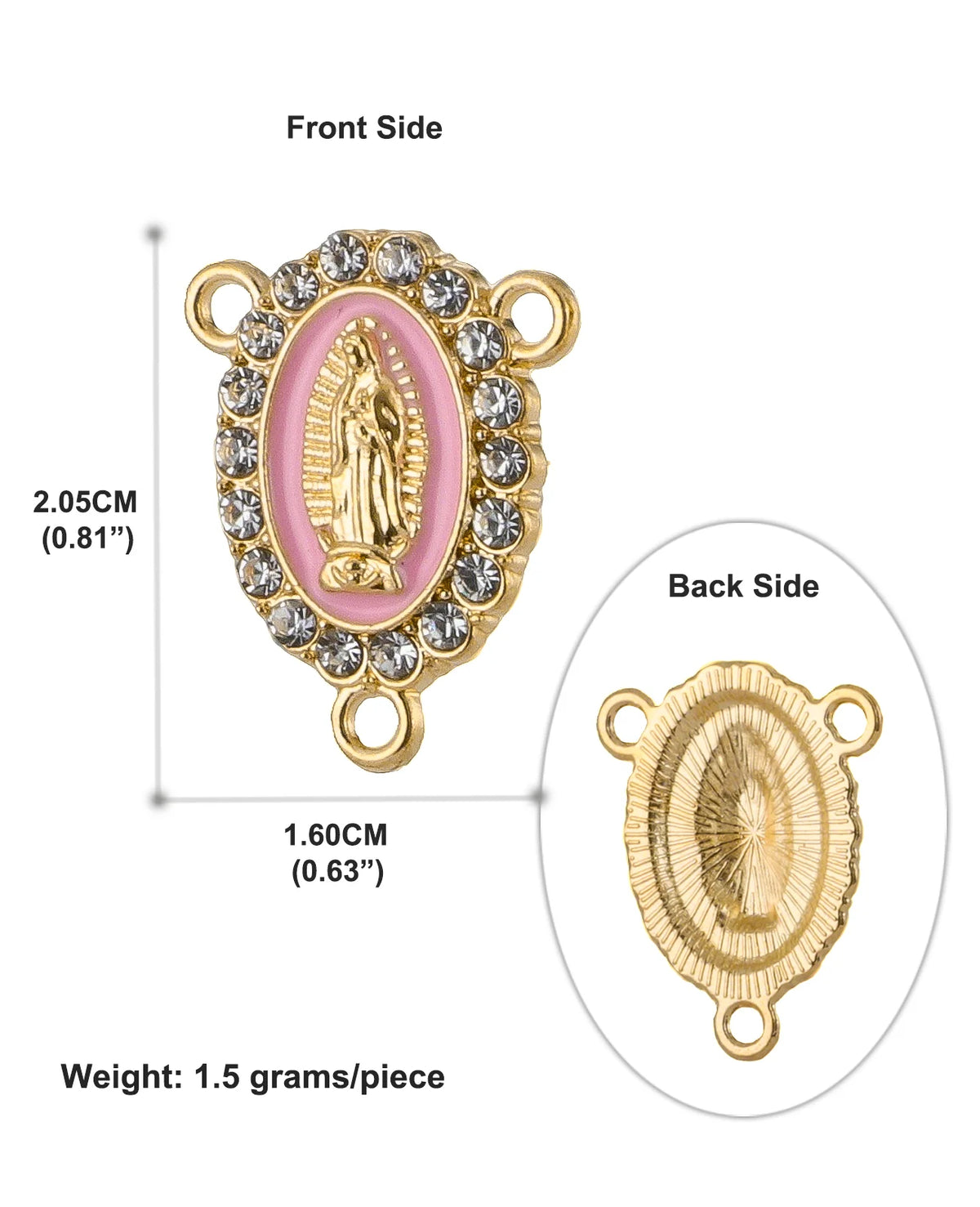 Gold-toned centerpiece connectors featuring a pink oval design and a detailed gold figure of the Virgin Mary.