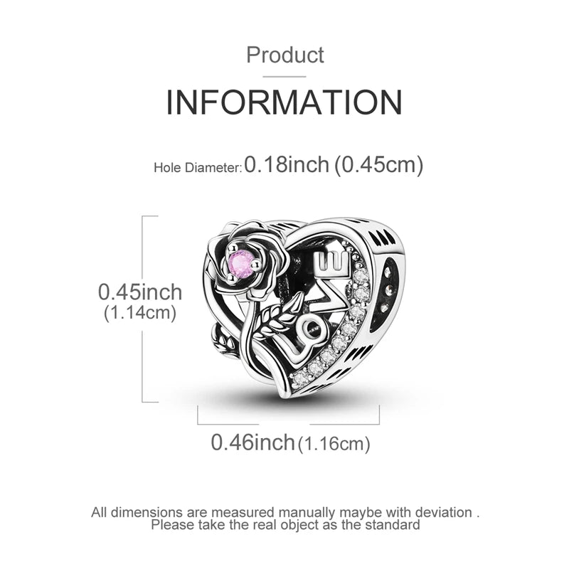 Sterling silver star moon charm bracelet with a heart-shaped pendant and a hole diameter of 0.18 inch