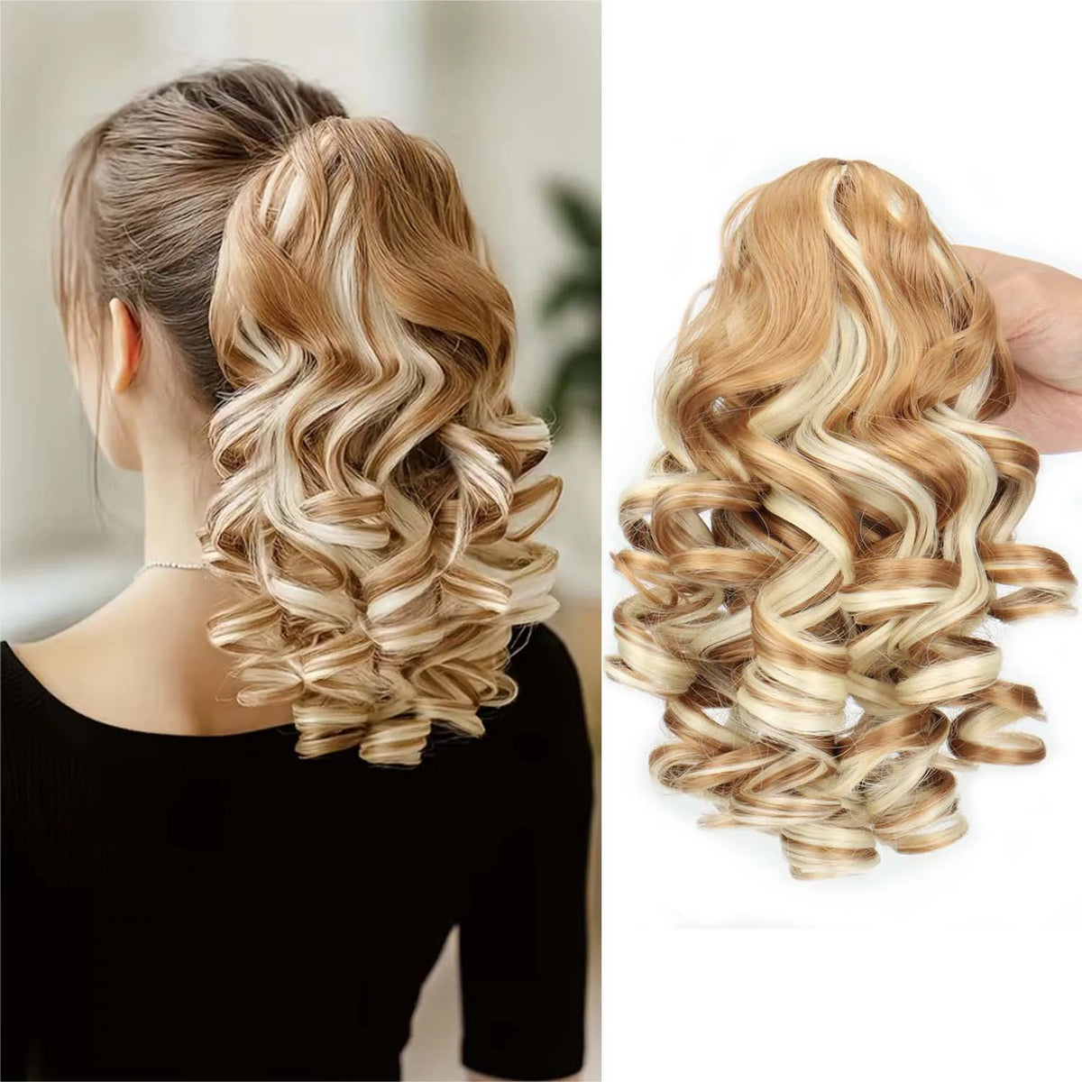 A close-up of a blonde hair extension styled in a wavy, curled ponytail using a claw clip.