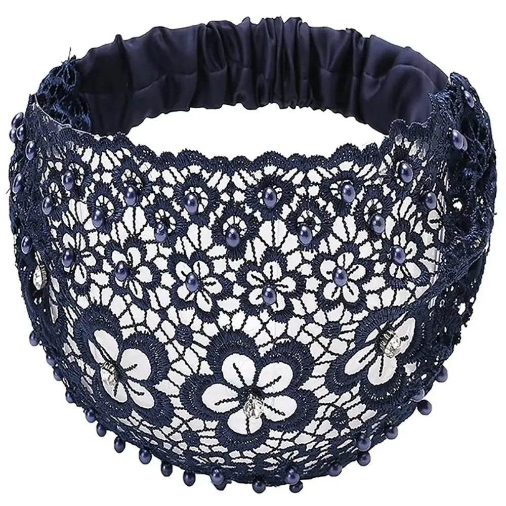 Black lace headband adorned with purple crystal pearls and white floral beads