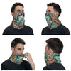 A man models a colorful bohemian hamsa hand bandana neck gaiter in various close-up shots.