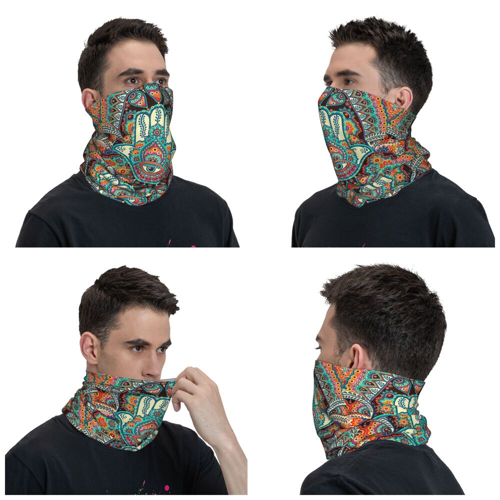 A man models a colorful bohemian hamsa hand bandana neck gaiter in various close-up shots.