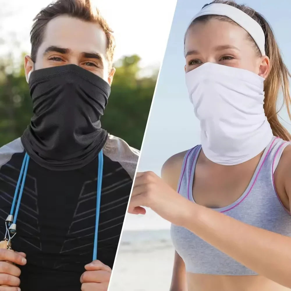 A man and a woman wearing white and black breathable mesh face masks for outdoor activities.