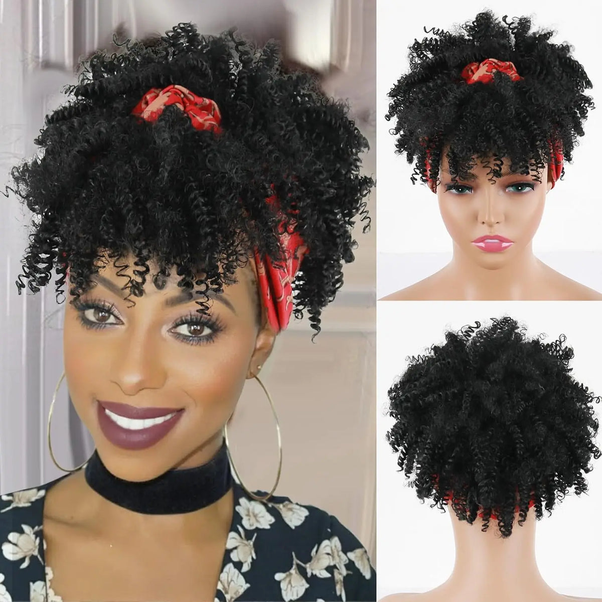 Una mujer modelando una peluca afro rizada corta negra con acentos rojos y una peluca rizada corta separada.
