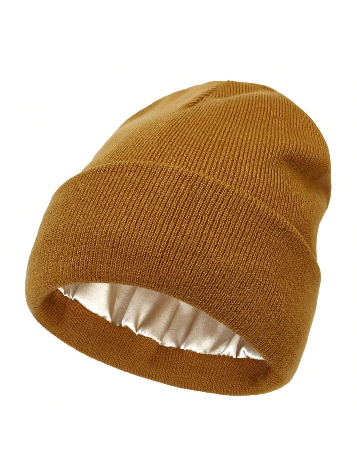 A brown ribbed beanie hat with a satin lining shown from the side.
