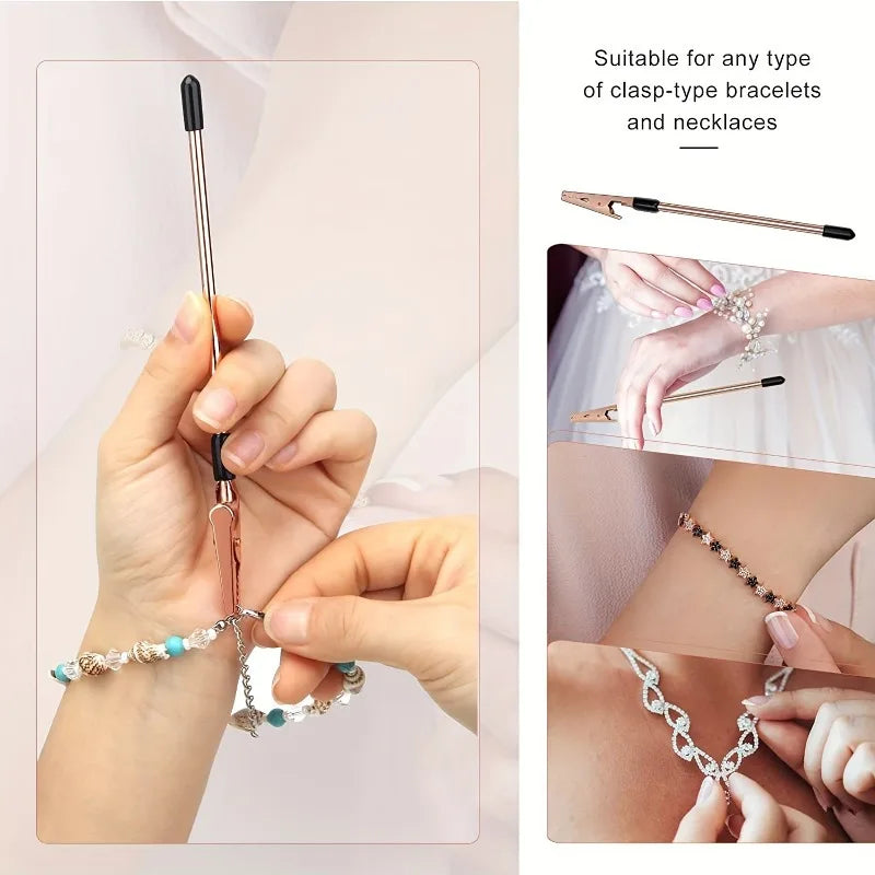 A pair of metal tools is shown applying or repairing a clasp-type bracelet on a wrist.