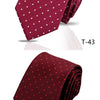 A close-up of a maroon patterned silk necktie shown folded, labeled T-43 and T-44.