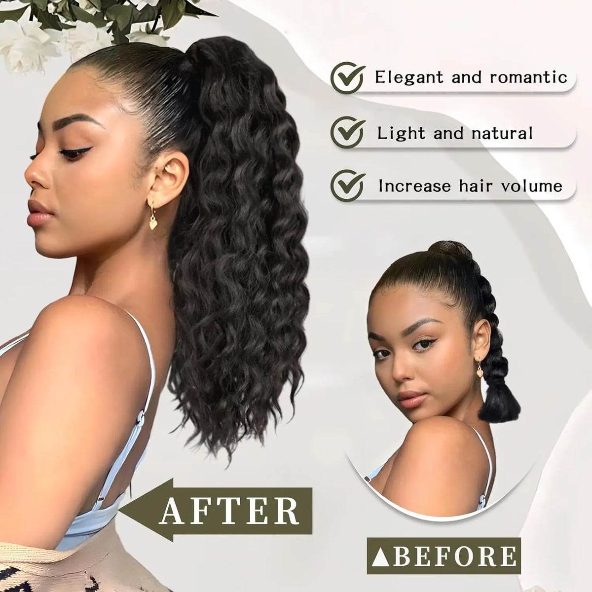 Before and after photos showing a woman's hair transformation using curly drawstring ponytail extensions.