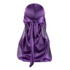 Purple silky durag shower cap bandana tied at the neck