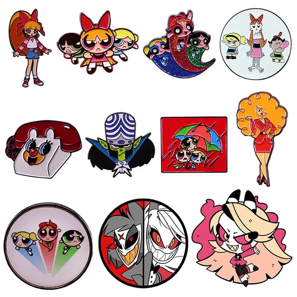 A collection of retro cartoon enamel lapel pins featuring various characters and designs.
