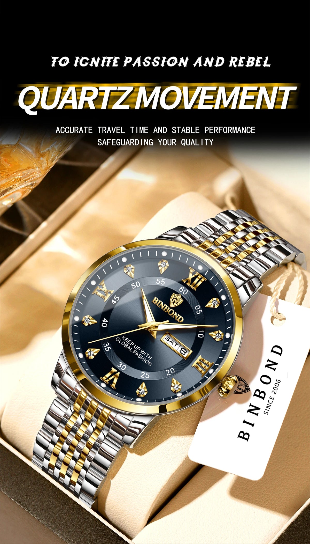 A gold and silver quartz watch with a black dial and gold accents is displayed in a box.
