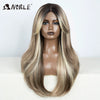 A straight ombre lace front wig displayed on a mannequin, featuring blonde and brown hair.