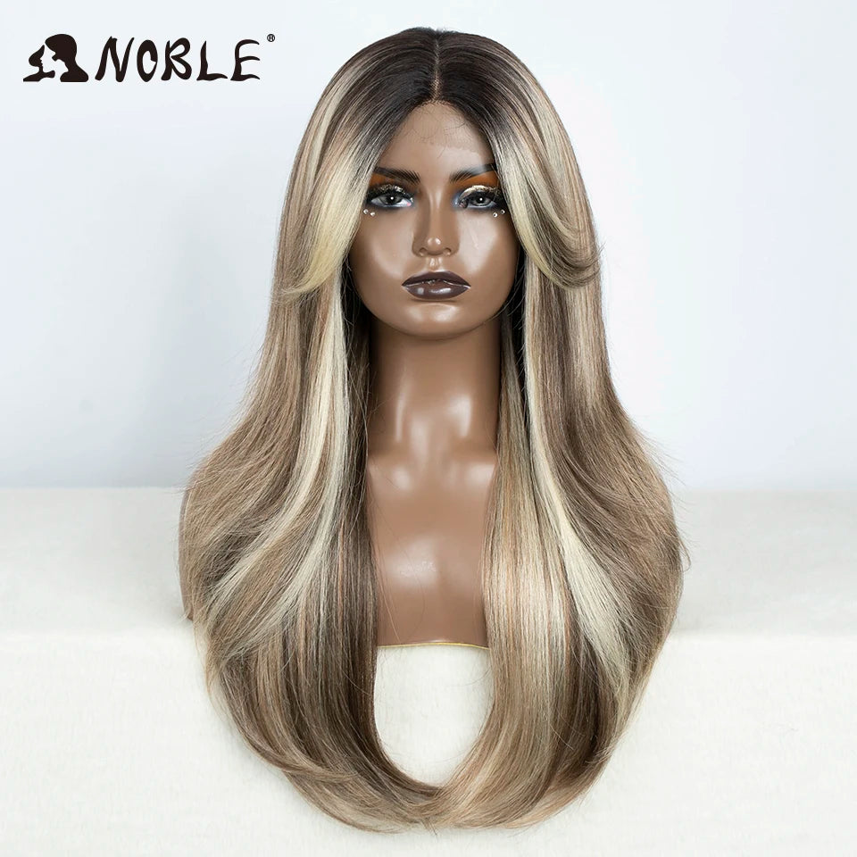 A straight ombre lace front wig displayed on a mannequin, featuring blonde and brown hair.