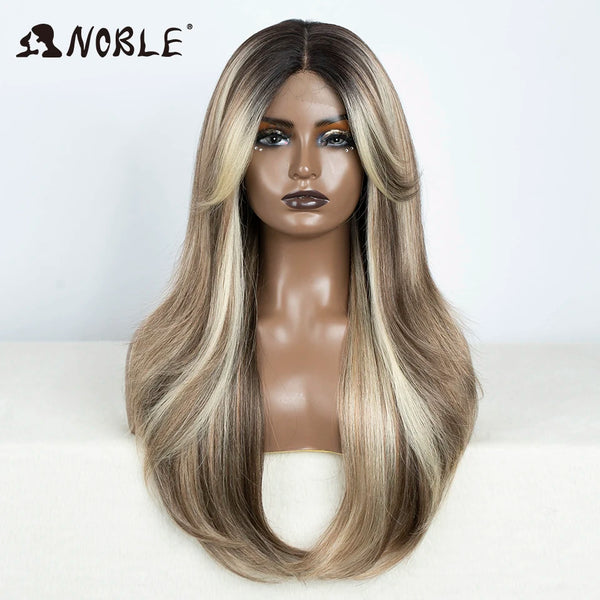 Gerade Ombré-Lace-Front-Perücke auf einem Mannequin mit blonden und braunen Haaren.