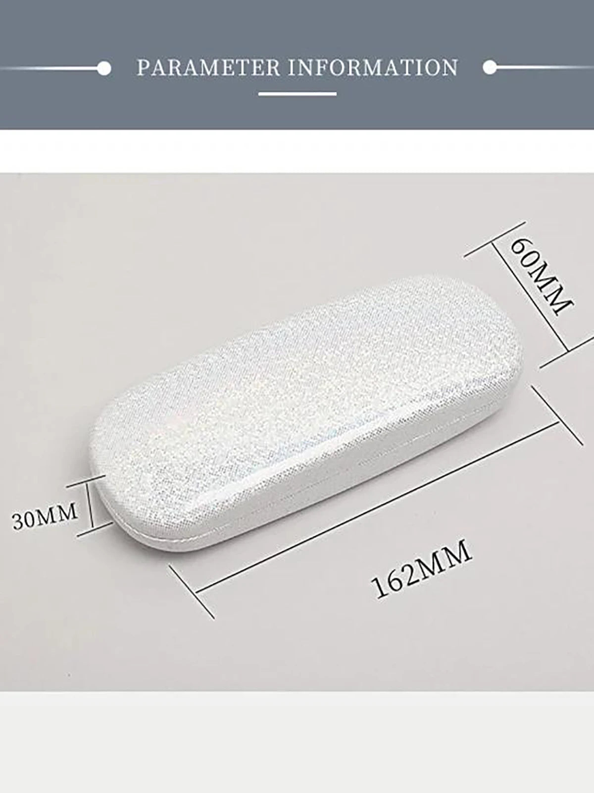 Boîte de rangement rectangulaire blanche à paillettes pour lunettes, 162mm de long et 60mm de haut.