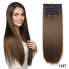 A woman models long, straight brown hair with dark ombre tips, shown next to a bundle of synthetic hair clips.