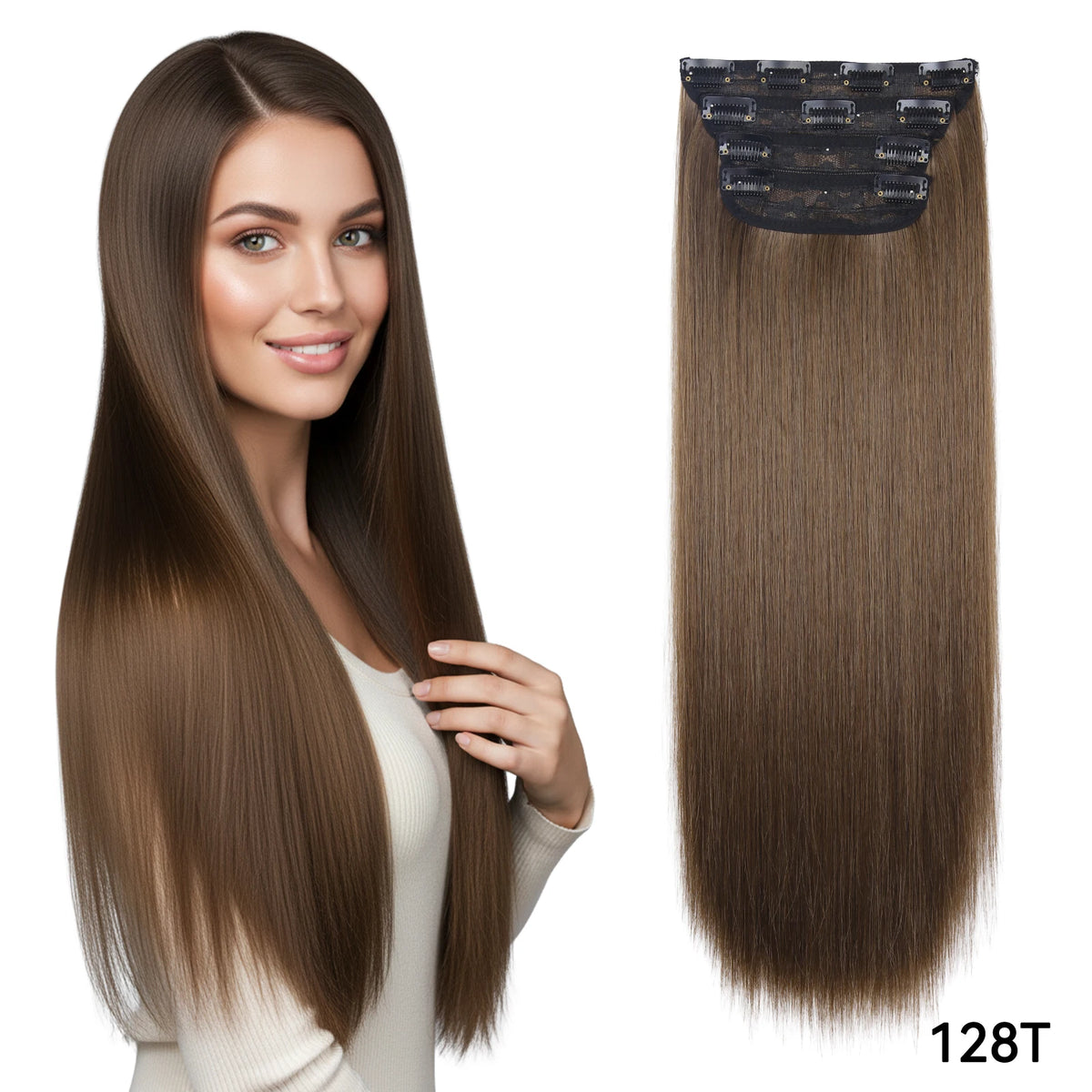 A woman models long, straight brown hair with dark ombre tips, shown next to a bundle of synthetic hair clips.