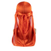 Orange silky durag shower cap bandana tied around the head