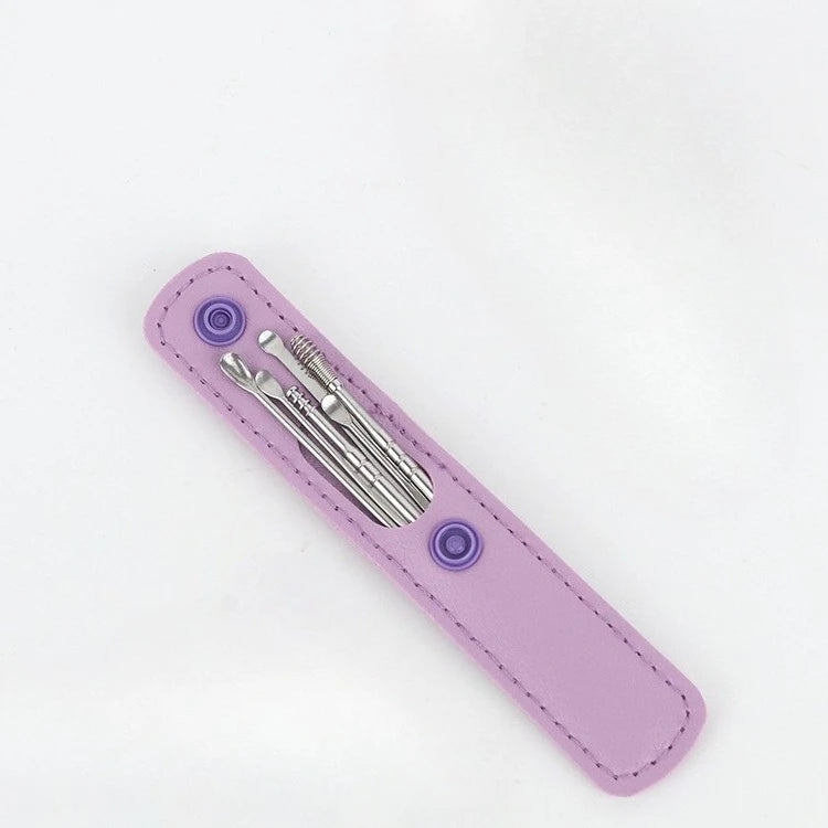 Estuche de plástico morado con un juego de herramientas de acero inoxidable para la extracción de cerumen.