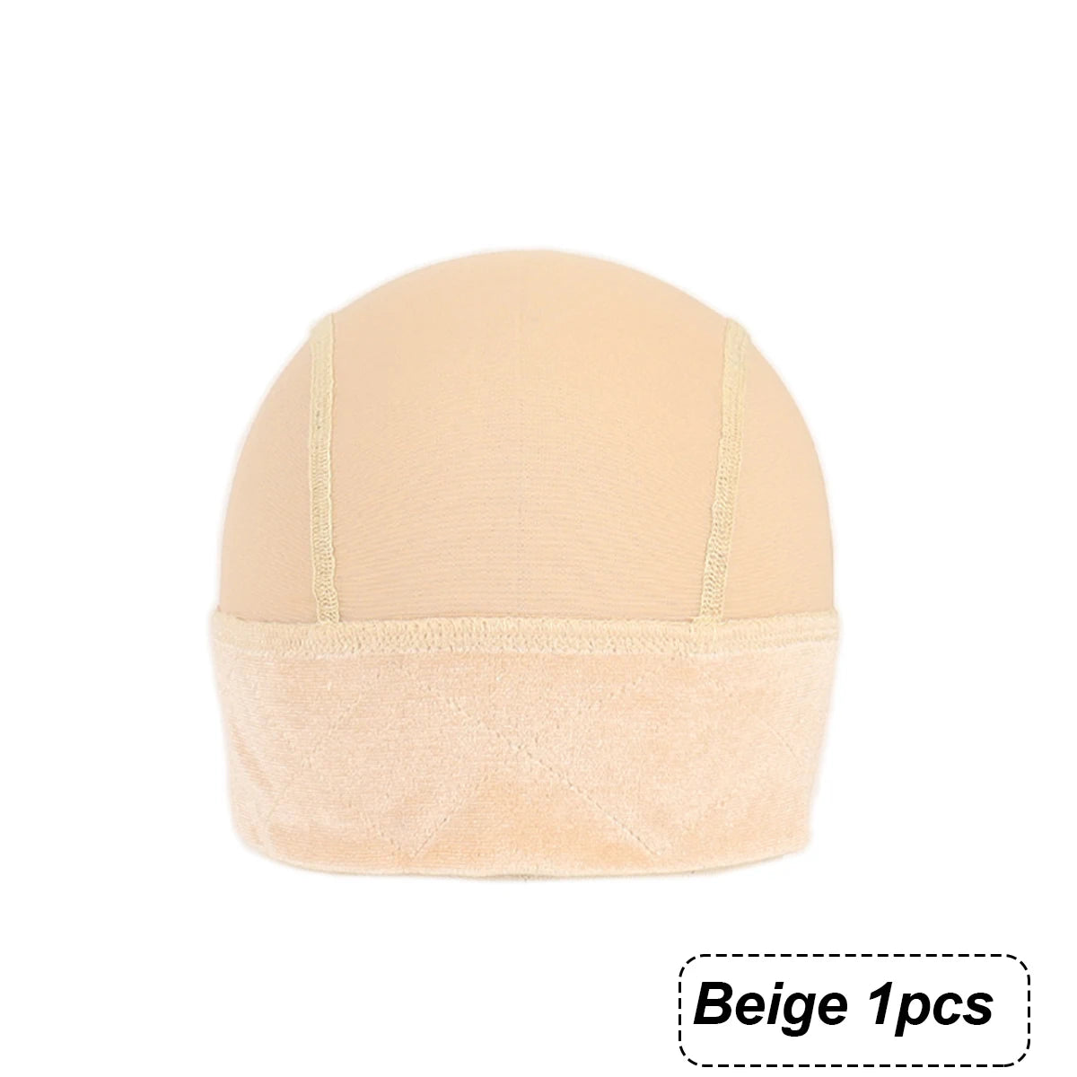 Beige velvet wig grip cap with a smooth fabric top and elastic band