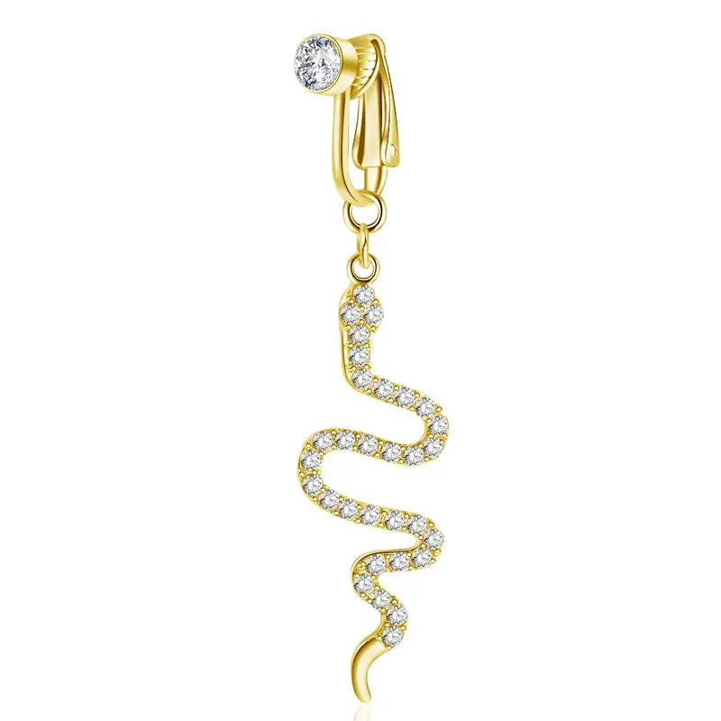 A gold-toned fashion belly button ring featuring a clear diamond and a delicate, coiled diamond chain.