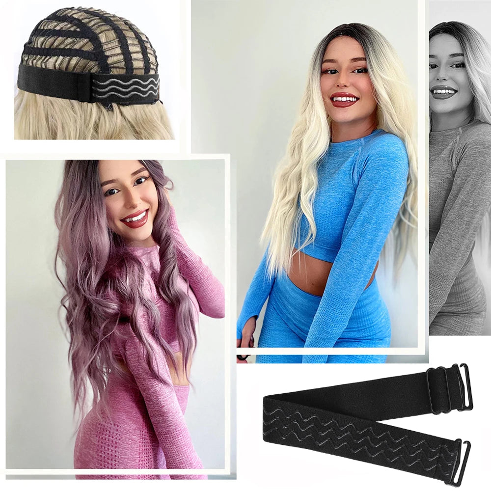Eine Sammlung schwarzer und lila rutschfester, verstellbarer Bänder zum Halten von Perücken, gezeigt im Haar eines Models.