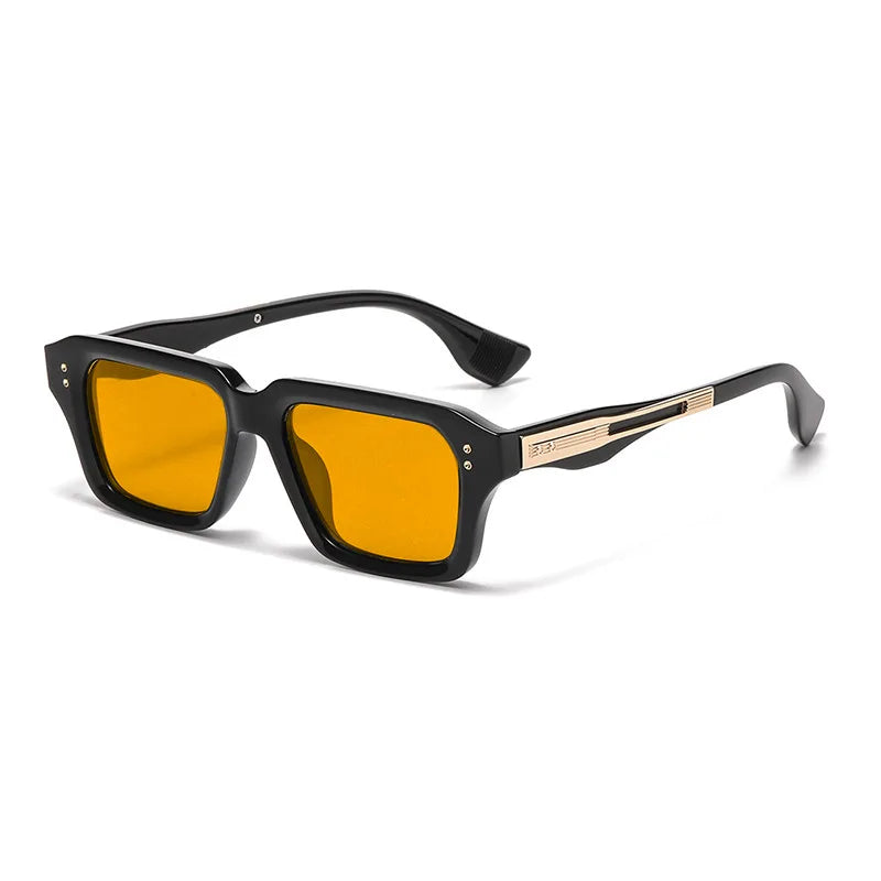 Retro quadratische Metall-Sonnenbrille mit orange-gelben Linsen und schwarzen Rahmen