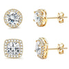 A set of simulated diamond stud earrings featuring 18K gold plated settings and posts.