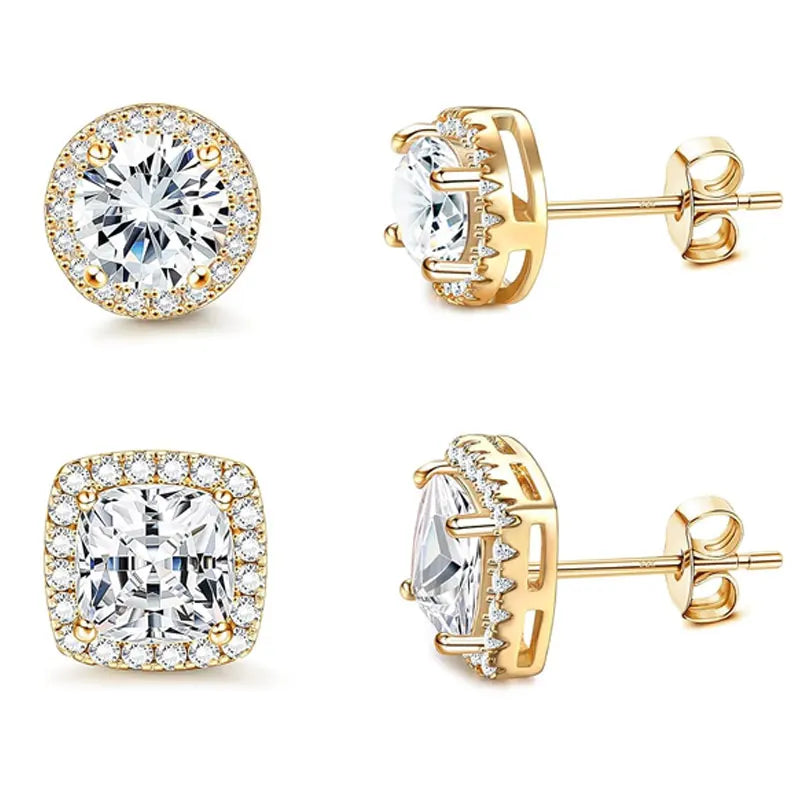 A set of simulated diamond stud earrings featuring 18K gold plated settings and posts.