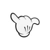 A black and white cartoon finger gesture pin showing a love you sign.