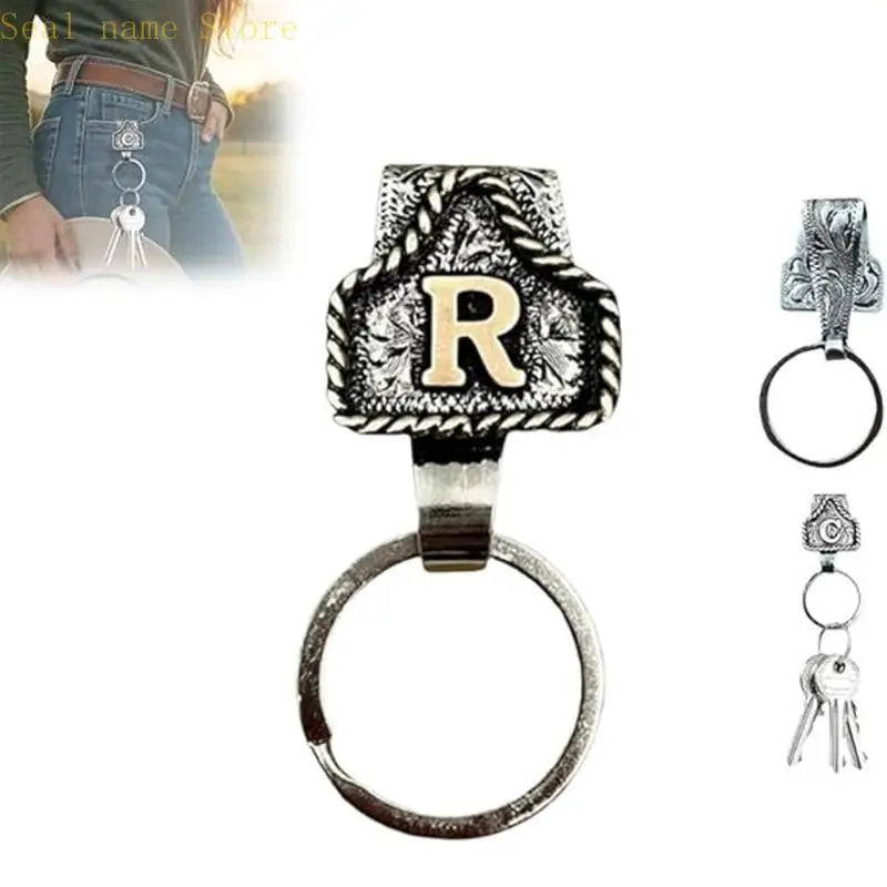 Silver letter R pendant on a keyring and belt keychain
