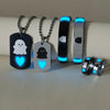 A set of six luminous fairy couple jewelry pieces including pendants and rings.