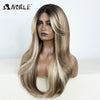 A model displays a long, straight ombre lace front wig with blonde and brown highlights.