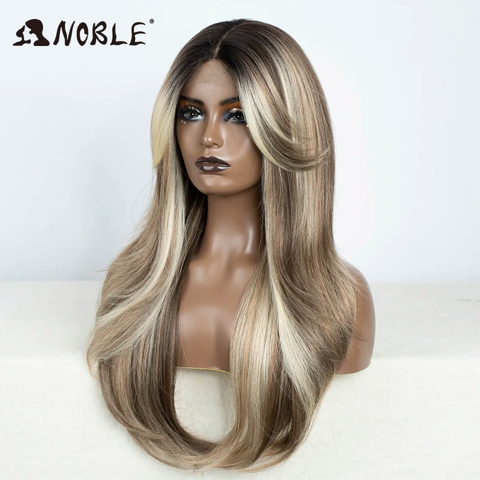 A model displays a long, straight ombre lace front wig with blonde and brown highlights.