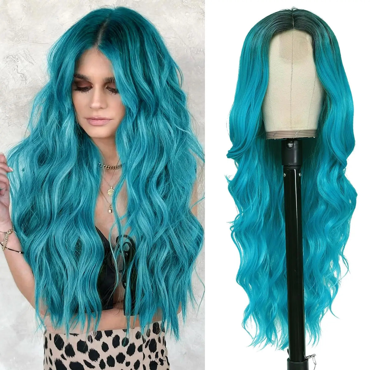 Una mujer con peluca larga y ondulada de cabello sintético azul turquesa brillante