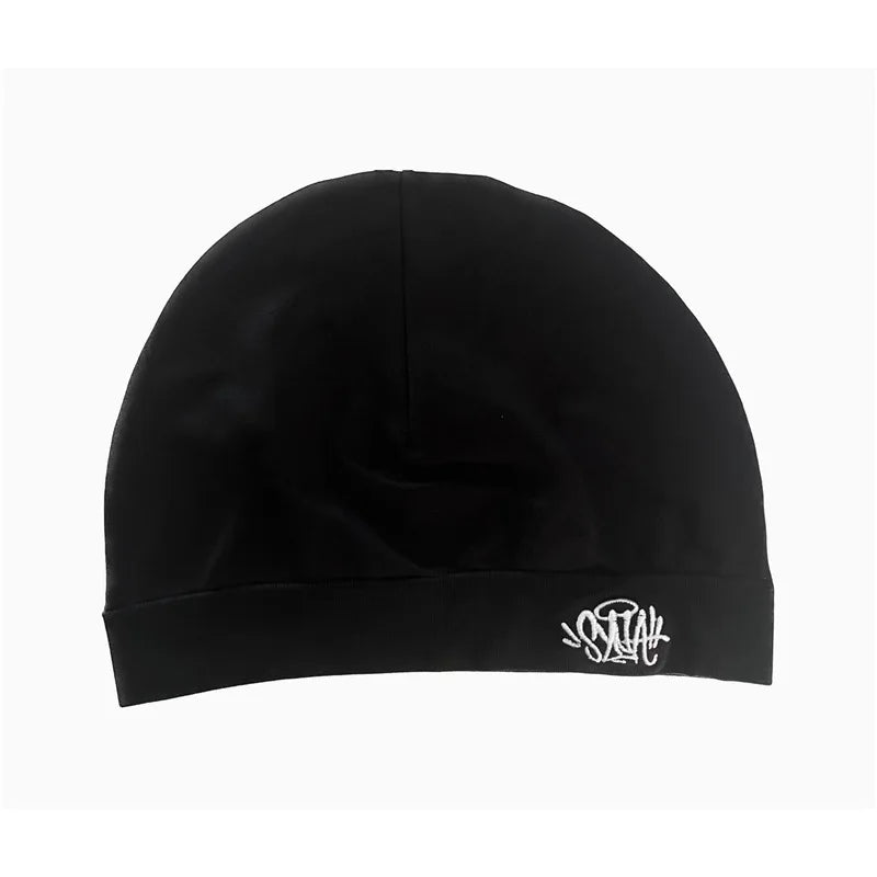 Black Y2K style skull beanie hat with white embroidered logo