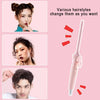 A pink mini ceramic curling iron is shown with various hairstyles demonstrating different curls and waves.