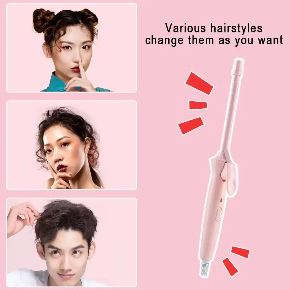 A pink mini ceramic curling iron is shown with various hairstyles demonstrating different curls and waves.