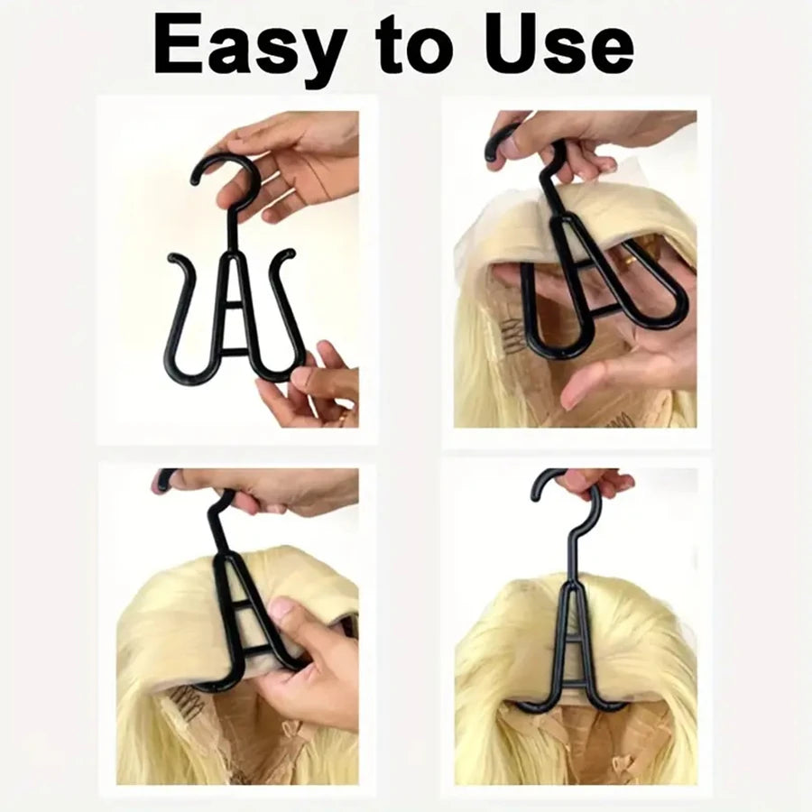 Hands are shown using multi-use wig and accessory hangers to clip a blonde wig onto a mannequin head.