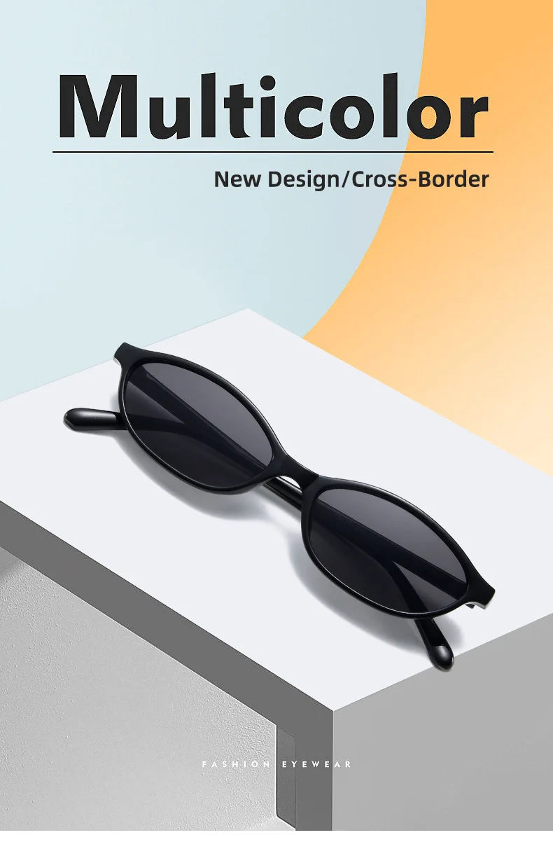 Black retro oval frame sunglasses displayed on a white surface.