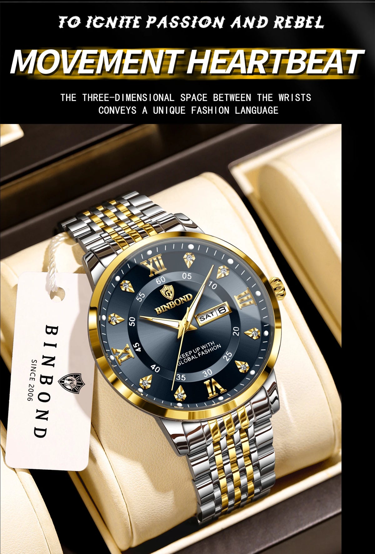 A close-up of a silver and gold watch with a black dial and gold accents resting in a light-colored box.