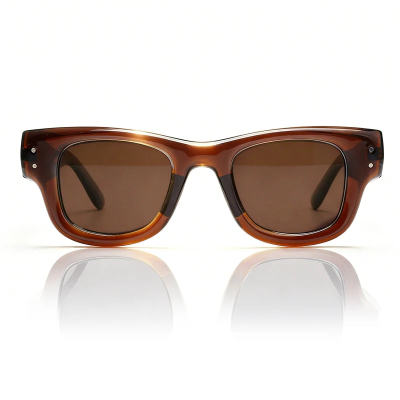 Brown tortoiseshell square sunglasses with dark lenses shown against a white background.