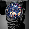 A close-up shot of a male fashion watch with a blue dial, gold accents, and black strap.