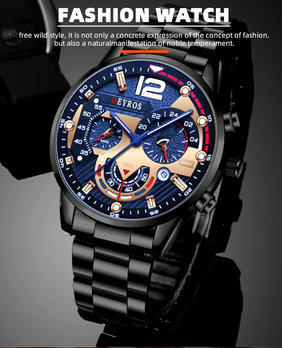 A close-up shot of a male fashion watch with a blue dial, gold accents, and black strap.