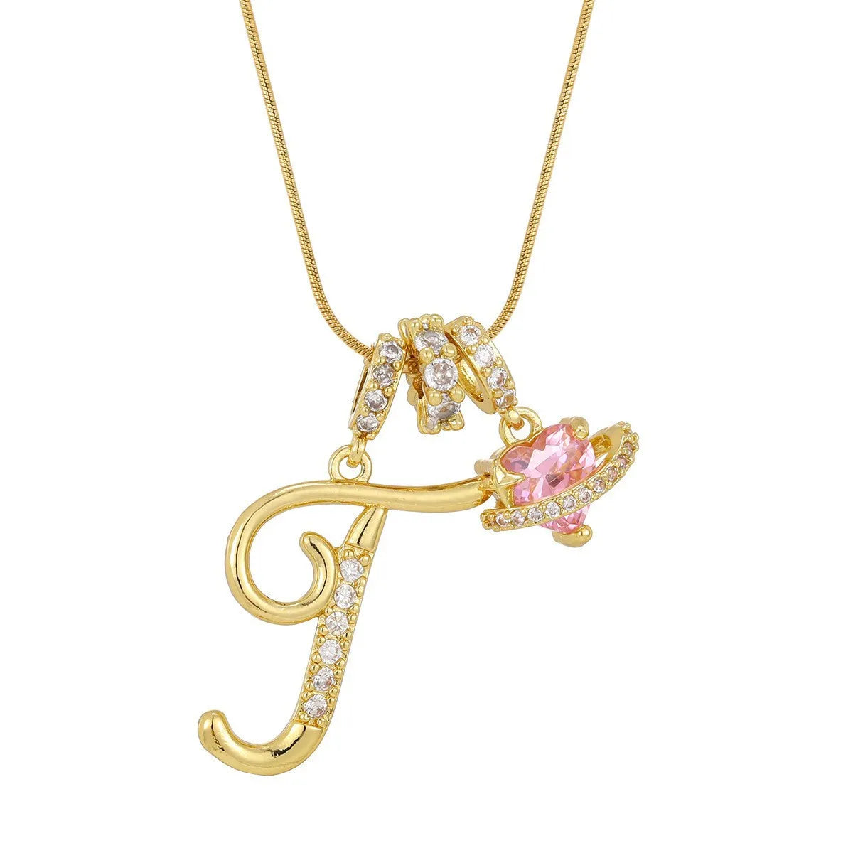 Gold letter pendant necklace featuring a stylized 'F' with pink gemstone accents