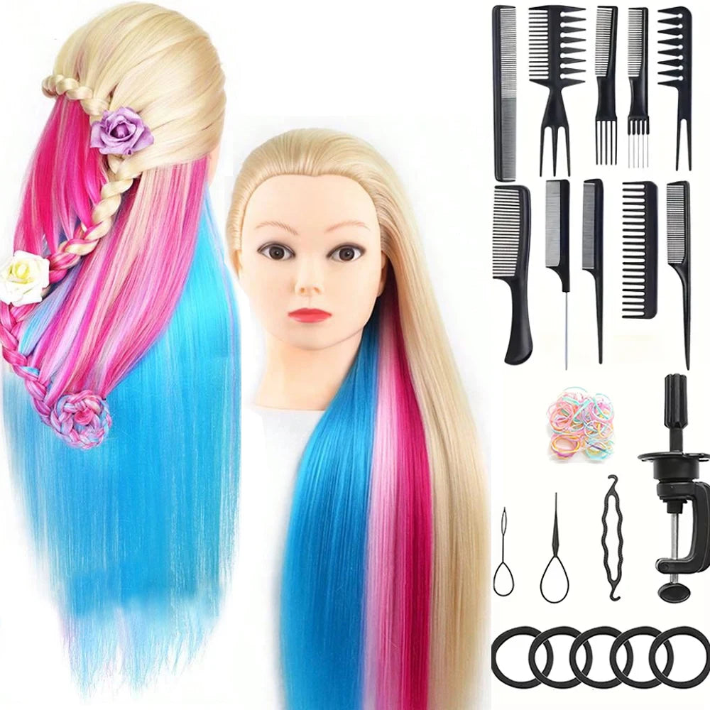 Mannequin heads displaying long hair in blue and pink ombre colors with a row of hair tools.