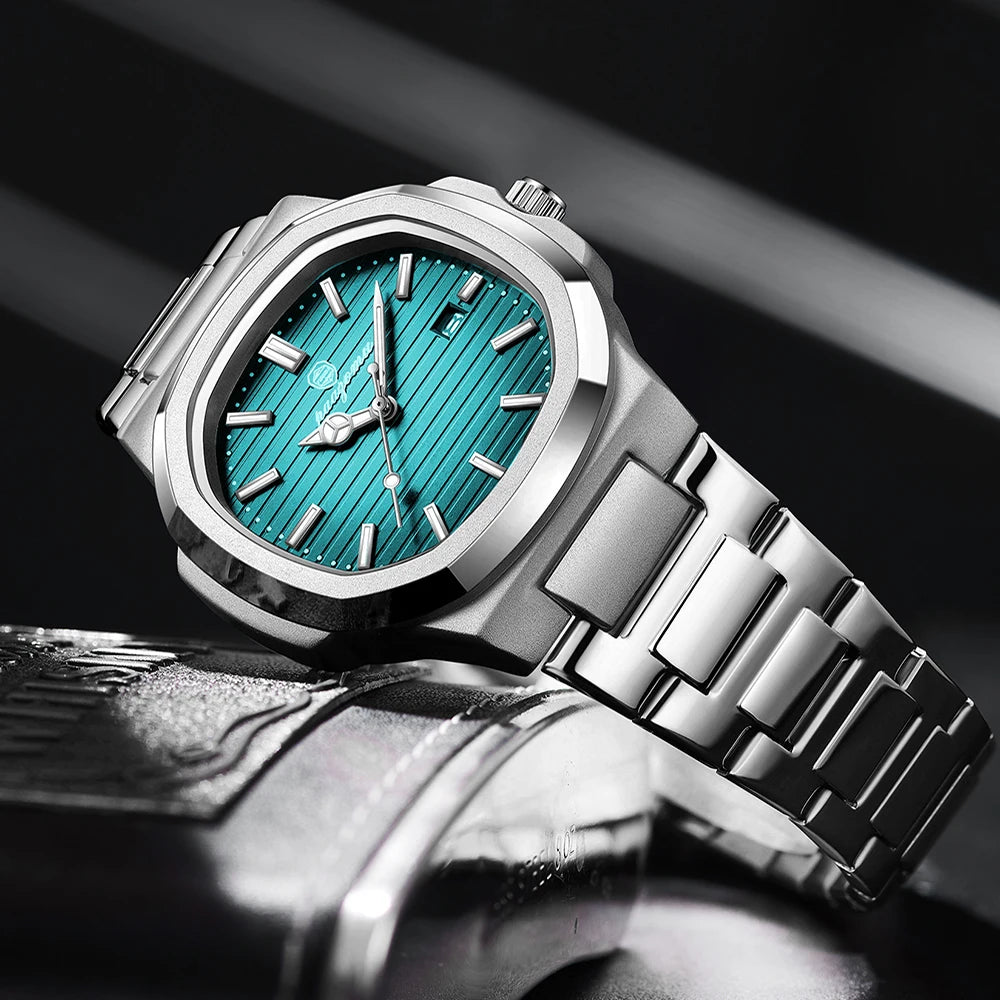 A silver luxury quartz wristwatch with a turquoise dial and luminous hands is shown on a dark background.