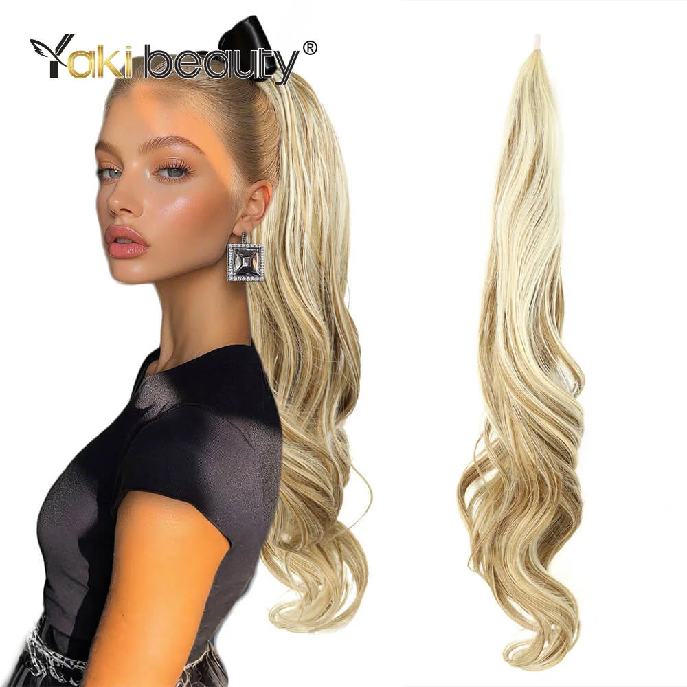 A model showcases 32-inch synthetic wrap around hair extensions in blonde waves.