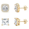 A set of simulated diamond stud earrings featuring 18K gold plated settings and designs.
